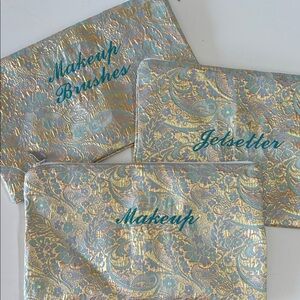 Handcrafted Elegant Gold and Blue Makeup Bag Set